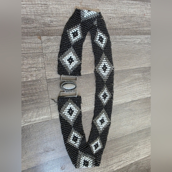 Boho Beaded Ethnic Native Black White Pearl Belt XL Classy Vintage - Picture 4 of 6